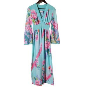 Vintage OLGA Pastel Floral Print Nightgown S Teal Full Sweep Plunge Maxi